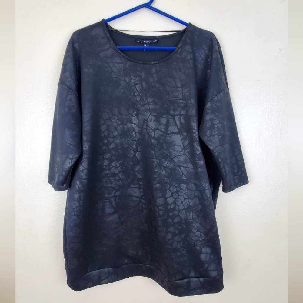 X-Two Black on Black Print Blouse Drop Shoulder Tunic 3/4 Sleeves Size 14